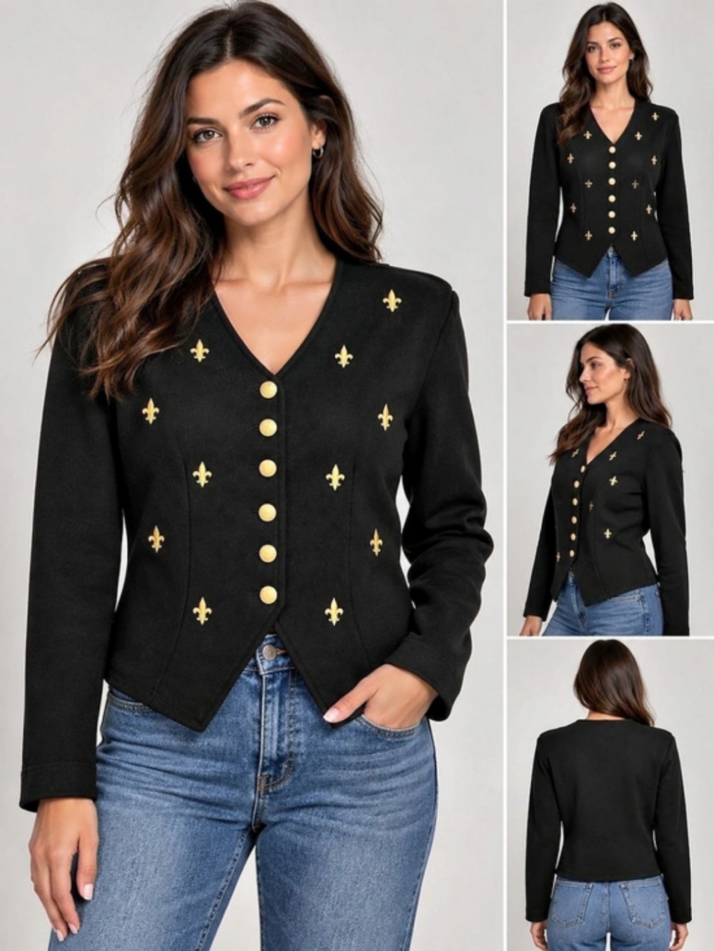 Outlander Vintage Fleur-de-Lis Embroidered Black Cotton Cardigan